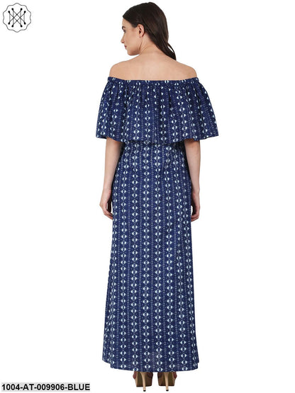 Blue Printed Drape Shoulder Sleeve Maxi Dress