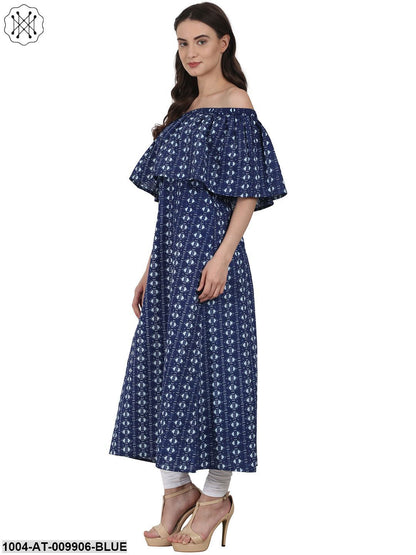 Blue Printed Drape Shoulder Sleeve Maxi Dress