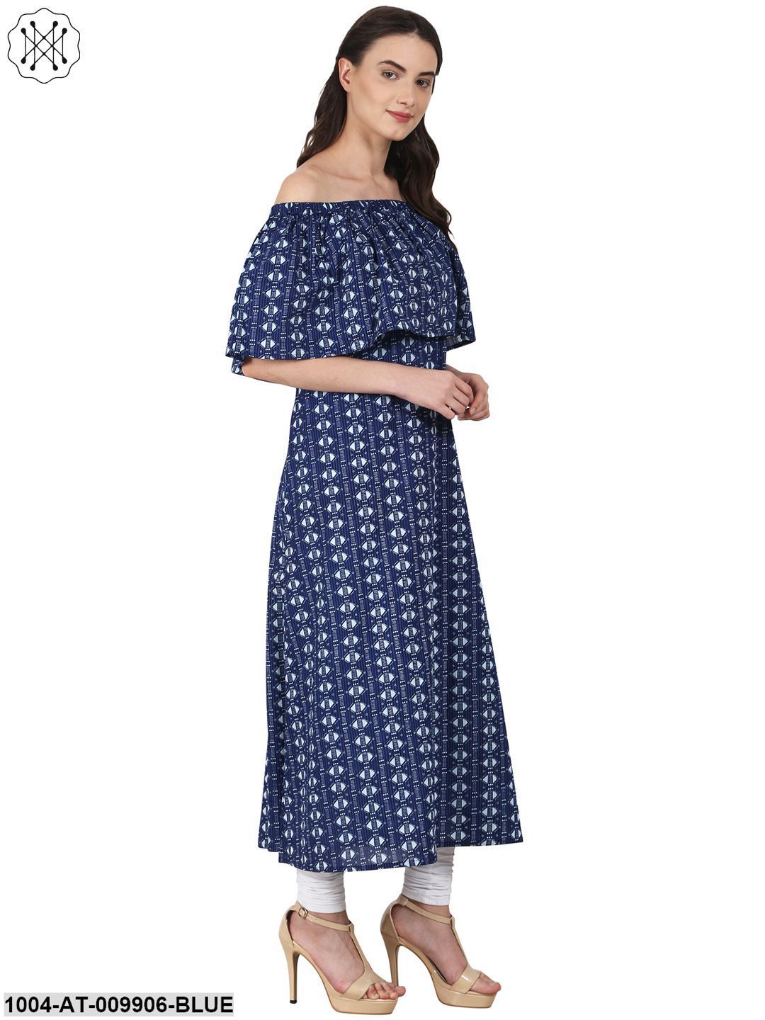 Blue Printed Drape Shoulder Sleeve Maxi Dress