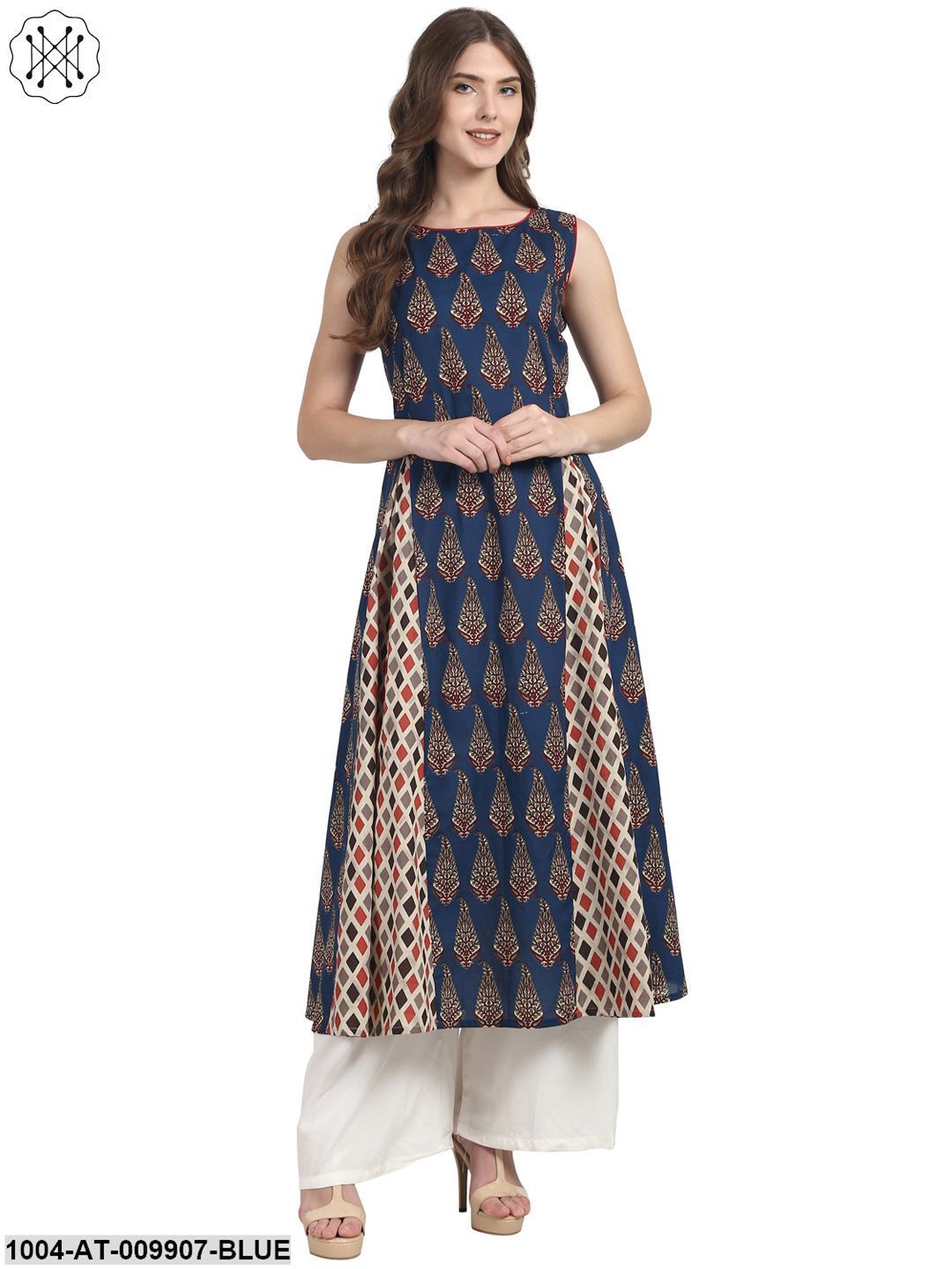 Blue Butta Printed Sleevless Cotton A-Line Kurta