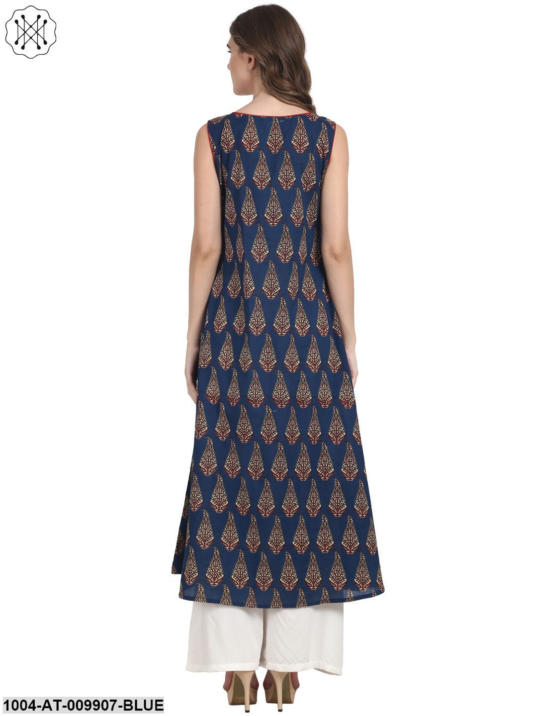 Blue Butta Printed Sleevless Cotton A-Line Kurta