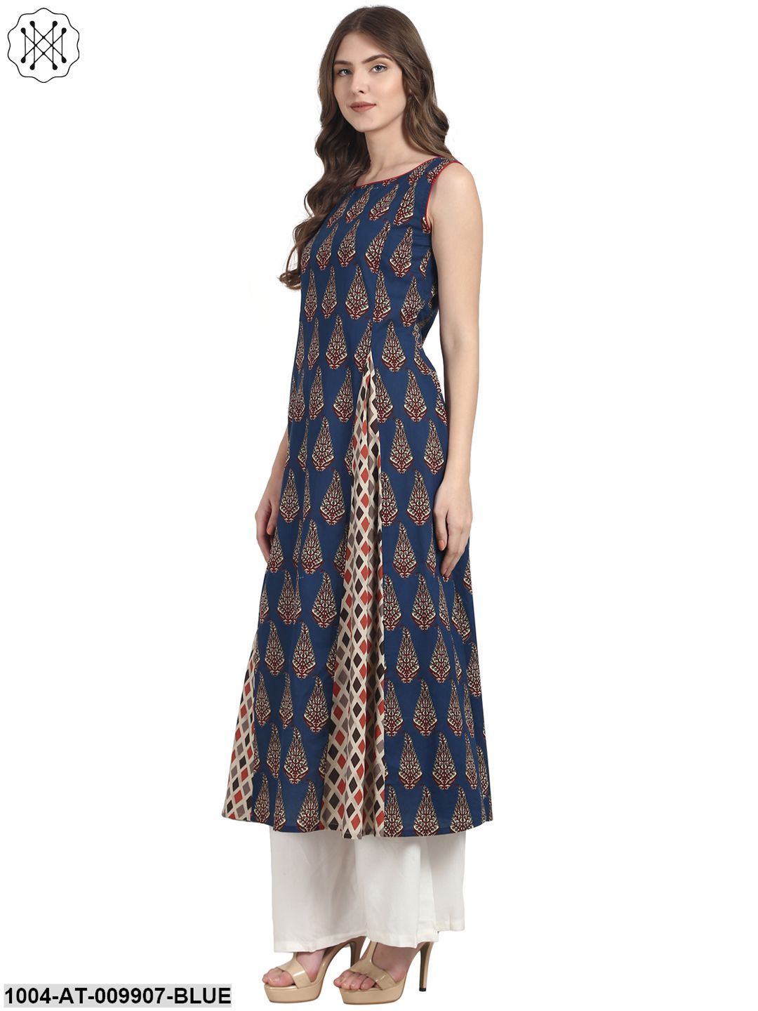 Blue Butta Printed Sleevless Cotton A-Line Kurta