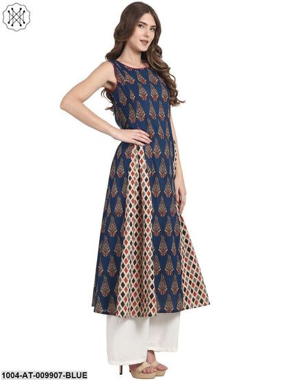 Blue Butta Printed Sleevless Cotton A-Line Kurta