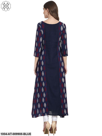 Blue 3/4 Sleeve Cotton A-Line Kurta With Tussle Work