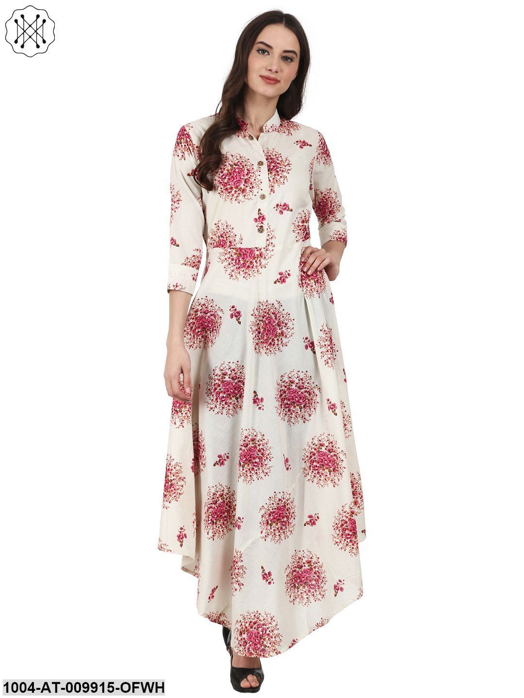 Off White 3/4 Sleeve Assymetric Anarkali Kurta