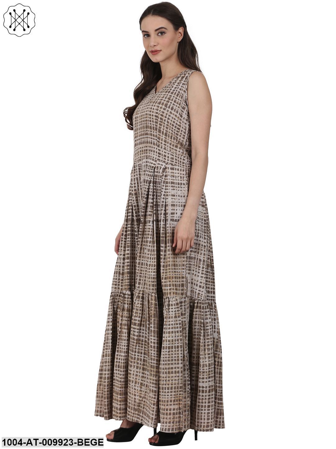 Beige Printed Sleevless Cotton Anarkali Kurta