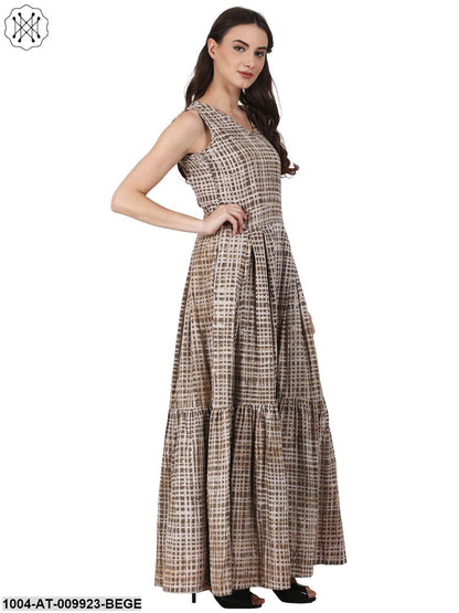 Beige Printed Sleevless Cotton Anarkali Kurta