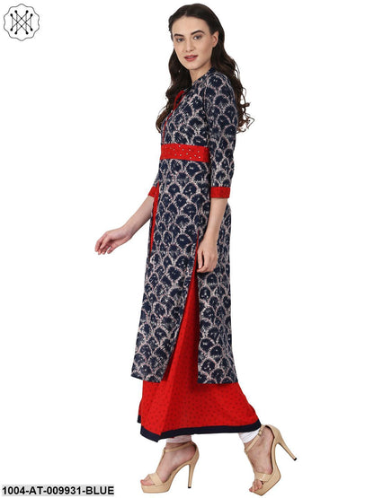 Blue Printed 3/4 Sleeve Double Layer Bottom Cut Cotton Kurta