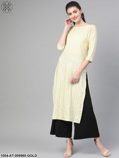 Women Lime Green & Gold Cotton Straight Striped Striped Kurta