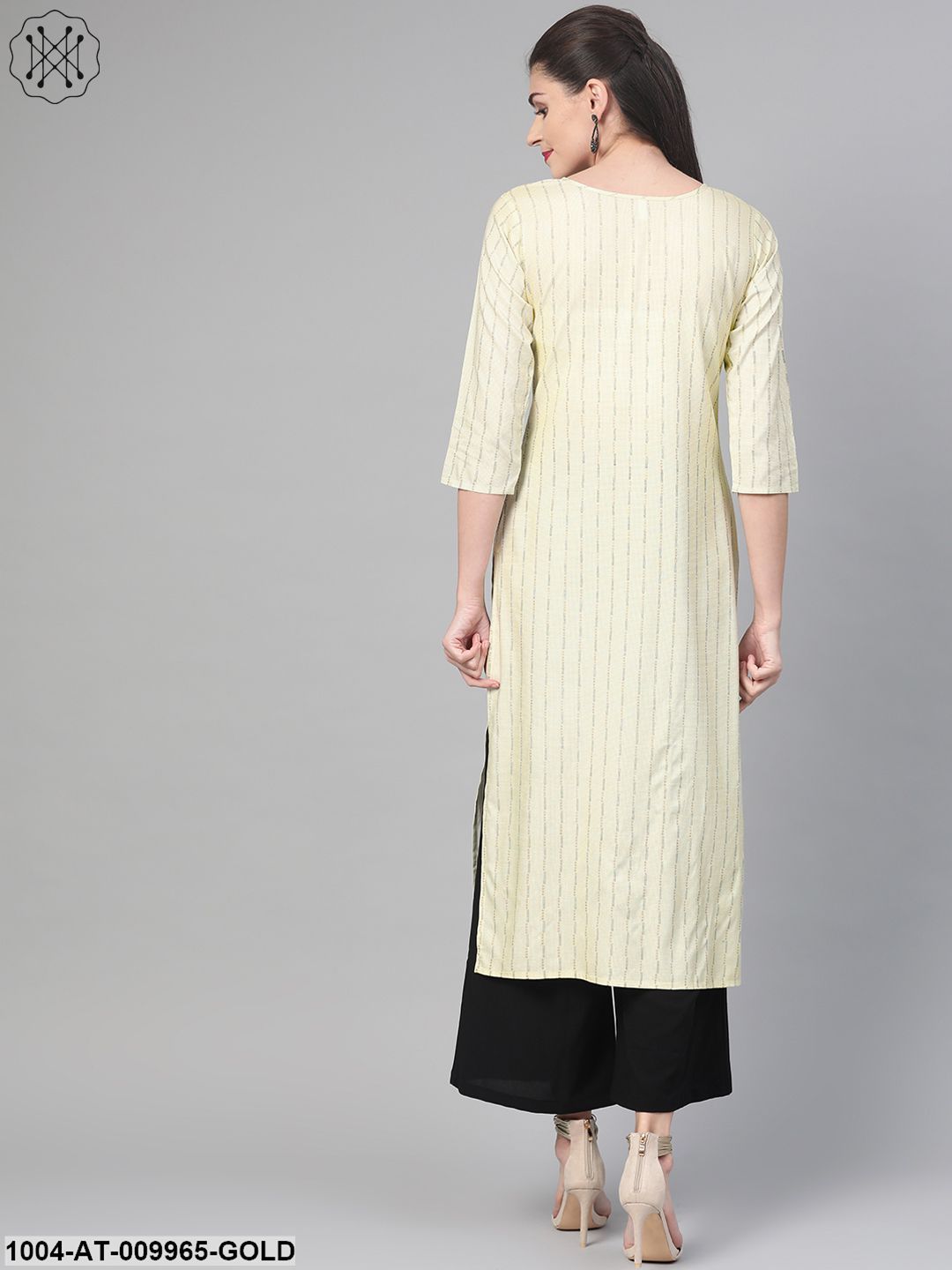 Women Lime Green & Gold Cotton Straight Striped Striped Kurta