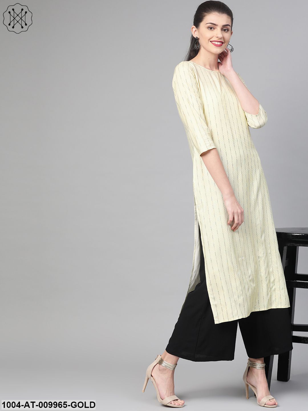 Women Lime Green & Gold Cotton Straight Striped Striped Kurta