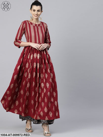 Red Printed 3/4Th Sleeve Cotton Floor Length Anarkali Kurta