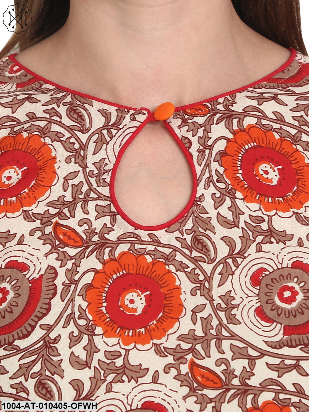 Women Solid Off White Three-Quarter Sleeves Keyhole Neck Cotton A-Line Kurta