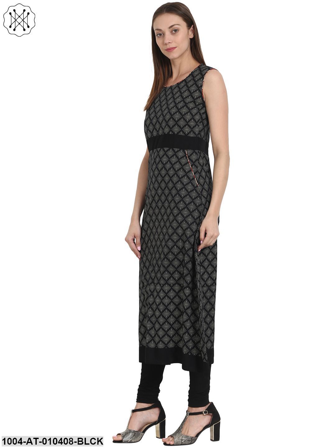 Women Printed Black Sleeveless Round Neck Cotton Straight Kurta