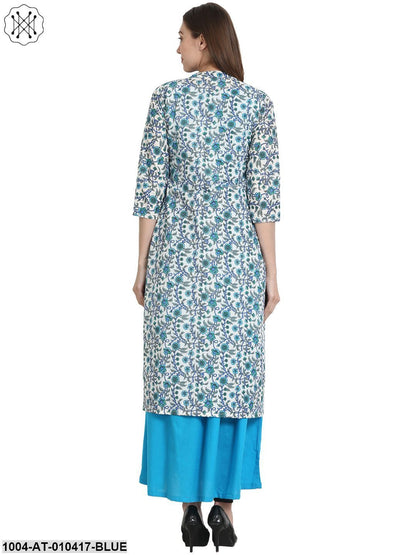 Women Printed Blue Short Sleeves Round Neck Cotton Anarkali Kurta