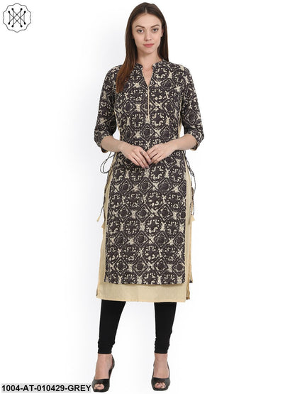 Women Printed Grey Three-Quarter Sleeves Mandarin Collar Cotton Straight Kurta