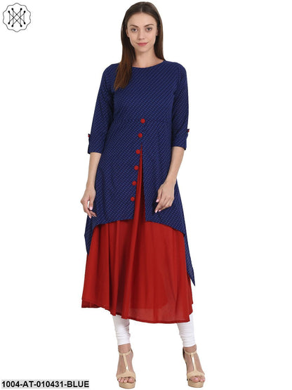 Women Printed Blue Three-Quarter Sleeves Round Neck Cotton A-Line Kurta