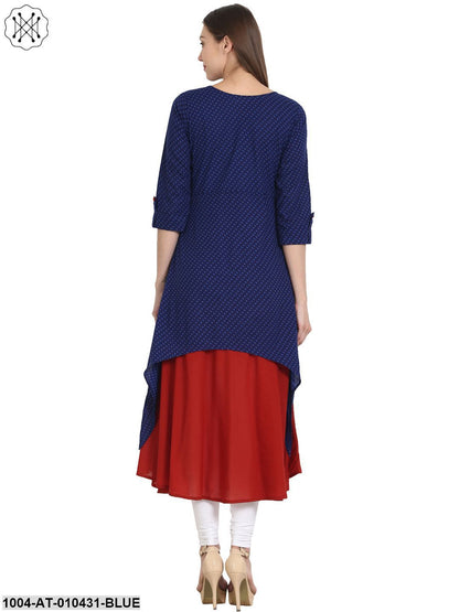 Women Printed Blue Three-Quarter Sleeves Round Neck Cotton A-Line Kurta