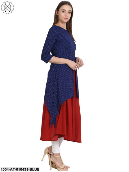 Women Printed Blue Three-Quarter Sleeves Round Neck Cotton A-Line Kurta