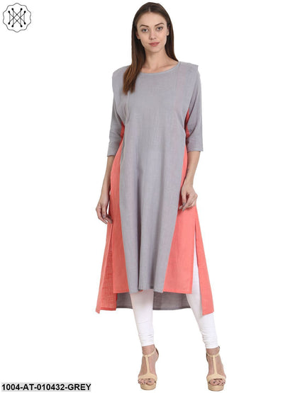 Women Solid Grey Three-Quarter Sleeves Round Neck Cotton A-Line Kurta