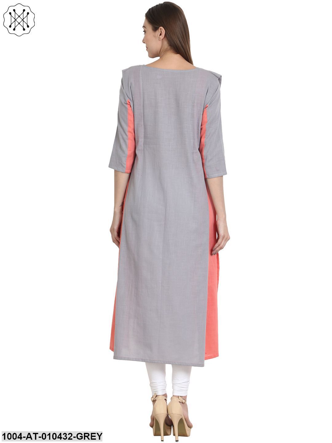 Women Solid Grey Three-Quarter Sleeves Round Neck Cotton A-Line Kurta