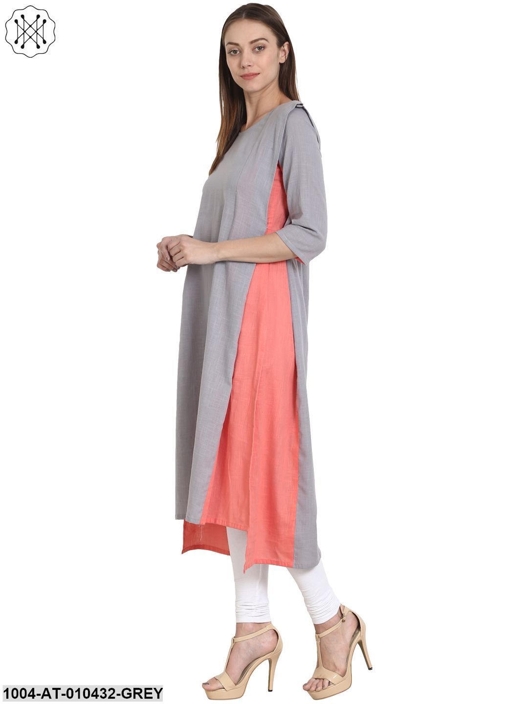 Women Solid Grey Three-Quarter Sleeves Round Neck Cotton A-Line Kurta