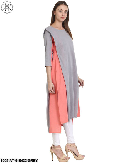 Women Solid Grey Three-Quarter Sleeves Round Neck Cotton A-Line Kurta