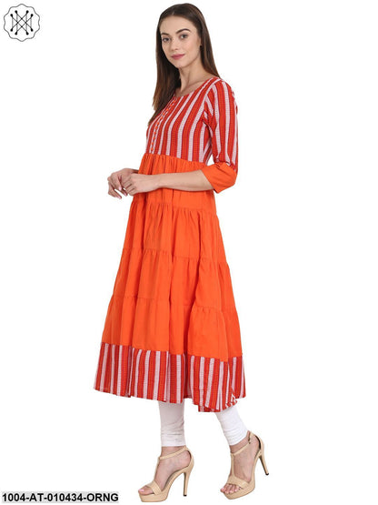 Women Printed Orange Three-Quarter Sleeves Round Neck Cotton Anarkali Kurta