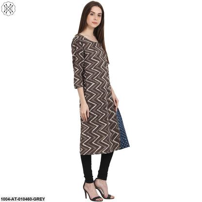 Women Printed Grey Three-Quarter Sleeves Scoop Neck Cotton Straight Kurta