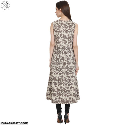 Women Printed Beige Sleeveless Round Neck Cotton A-Line Kurta