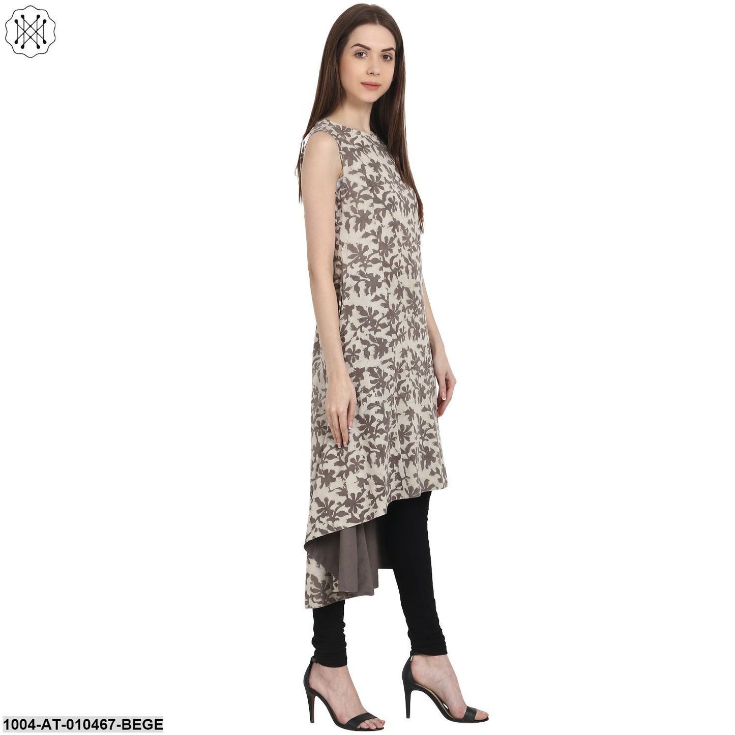 Women Printed Beige Sleeveless Round Neck Cotton A-Line Kurta