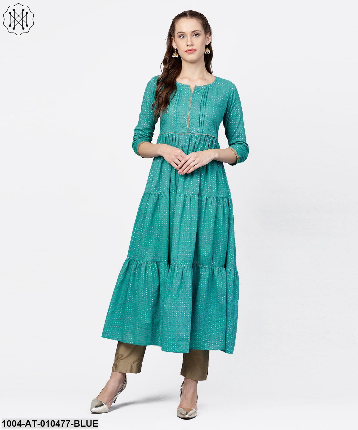 Printed Round Neck Three-Tiered Flared Maxi Dress With Pintucks And 3/4Th Sleeves