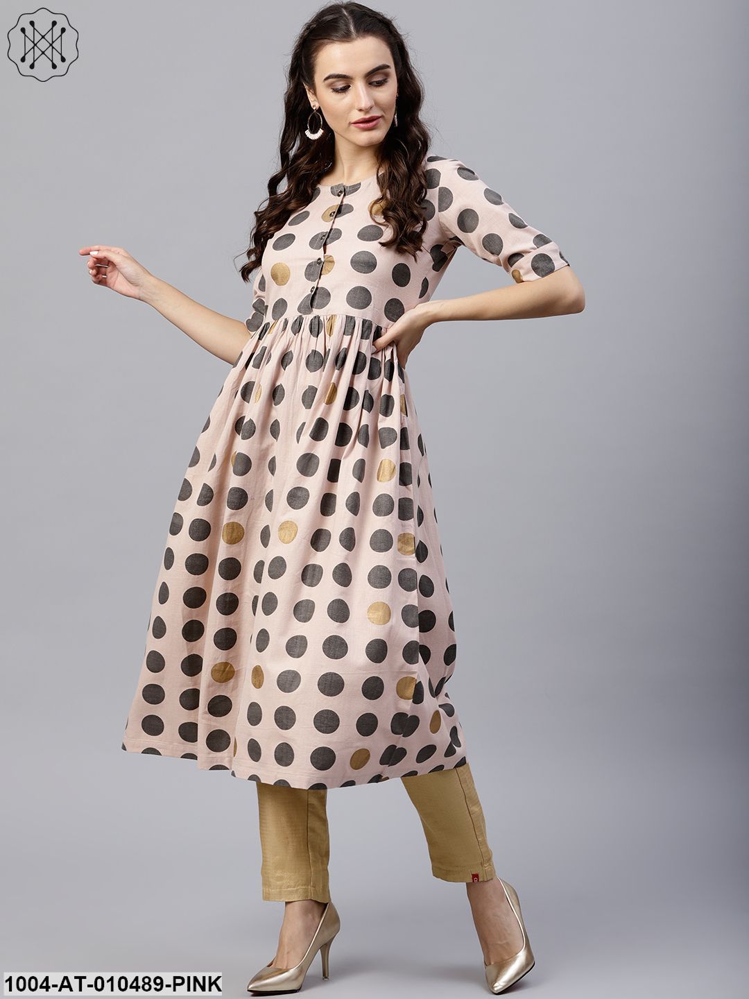 Light Pink Circle Printed Half Sleeve Cotton Flax Anarkali Kurta