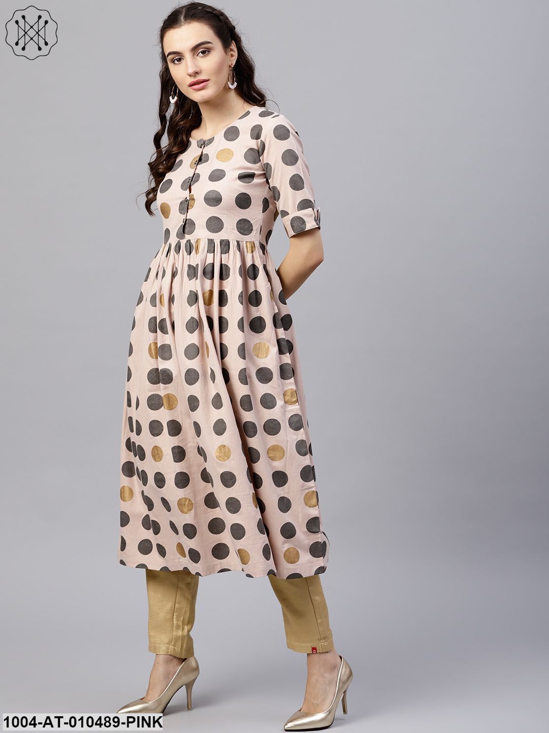 Light Pink Circle Printed Half Sleeve Cotton Flax Anarkali Kurta