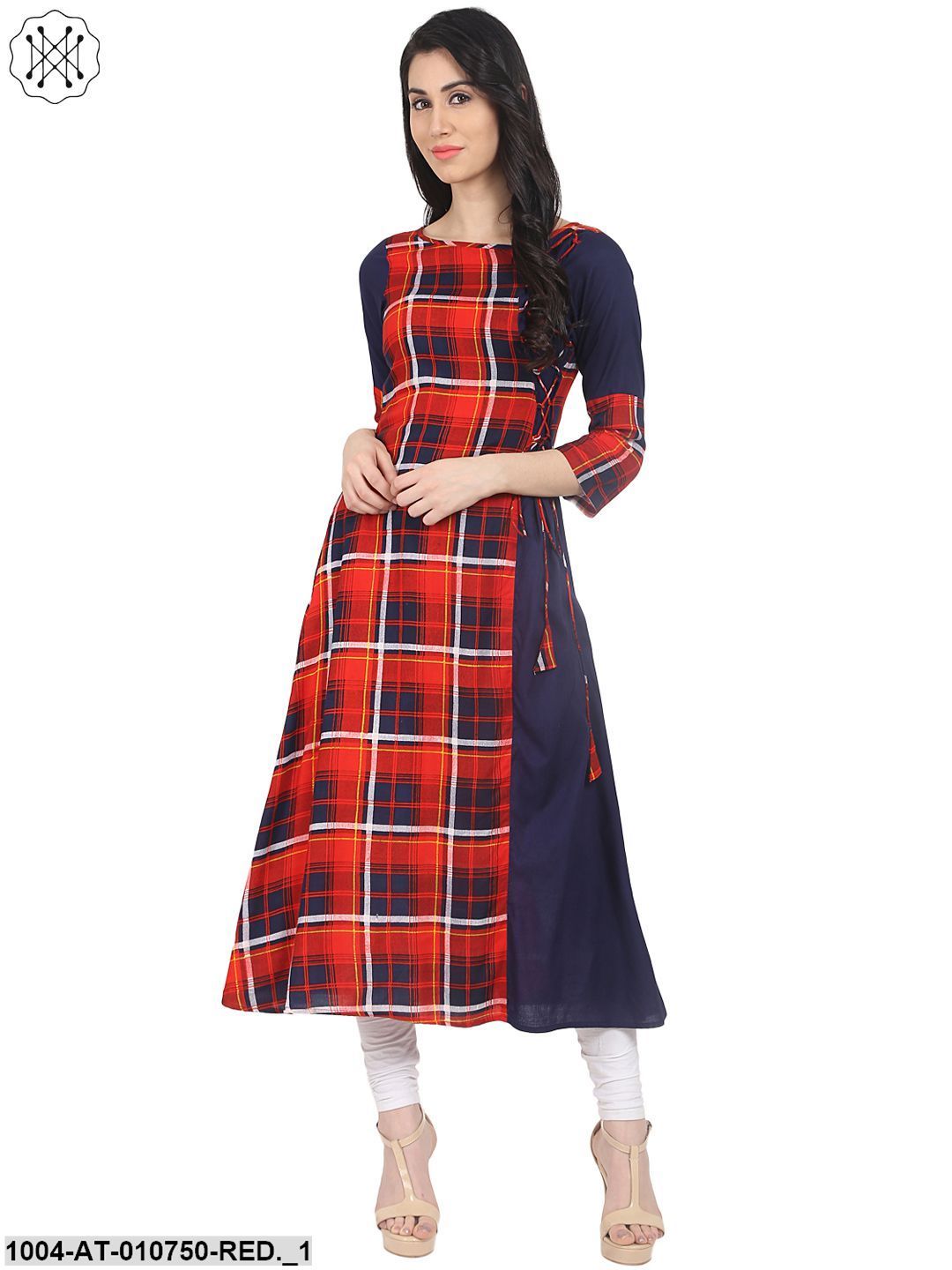 Red & Blue Check 3/4Th Sleeve Cotton A-Line Kurta With Dori Work