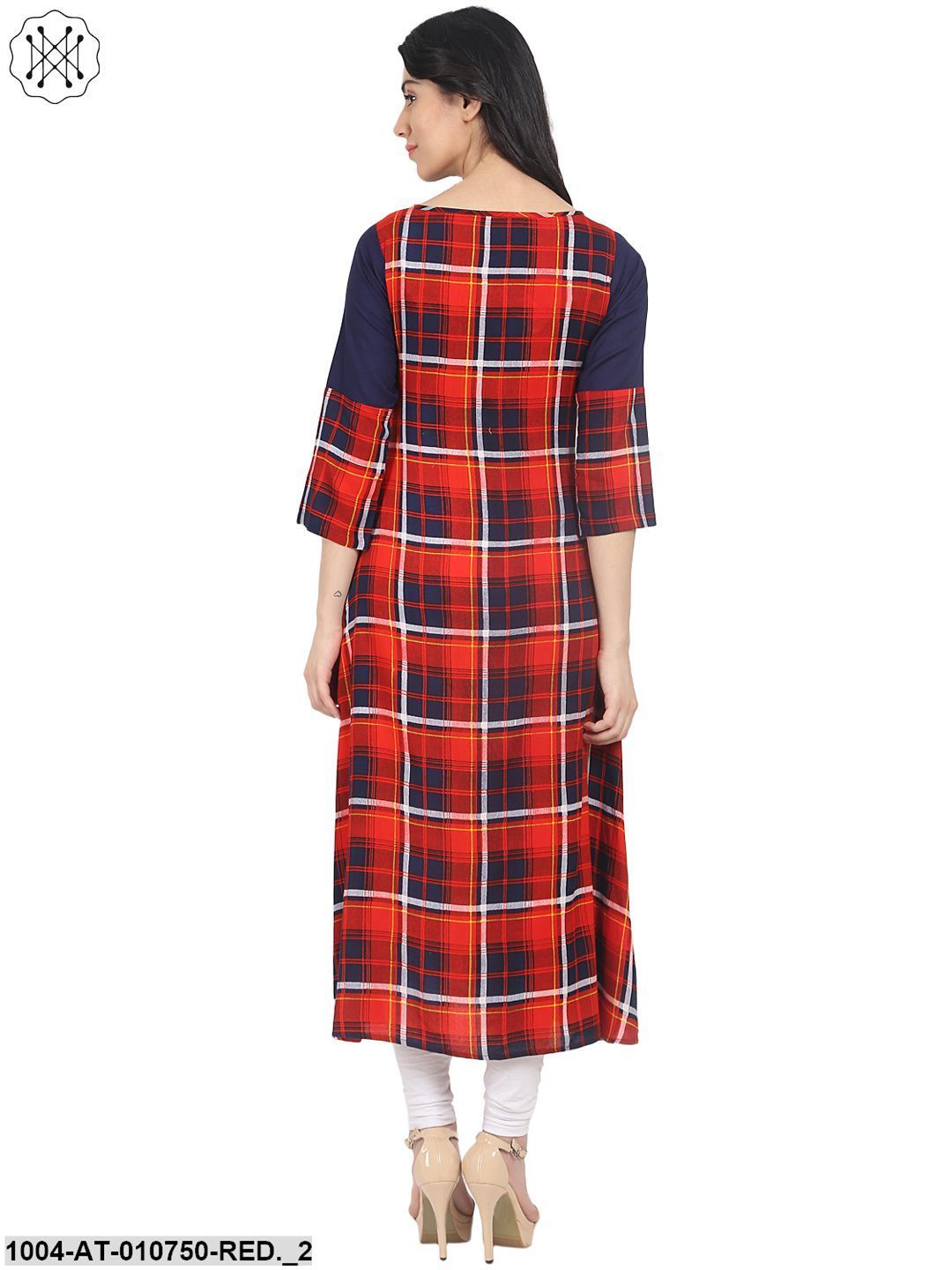 Red & Blue Check 3/4Th Sleeve Cotton A-Line Kurta With Dori Work