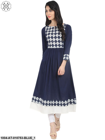 Blue Printed 3/4Th Sleeve Cotton Anarkali Kurta