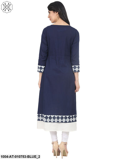 Blue Printed 3/4Th Sleeve Cotton Anarkali Kurta