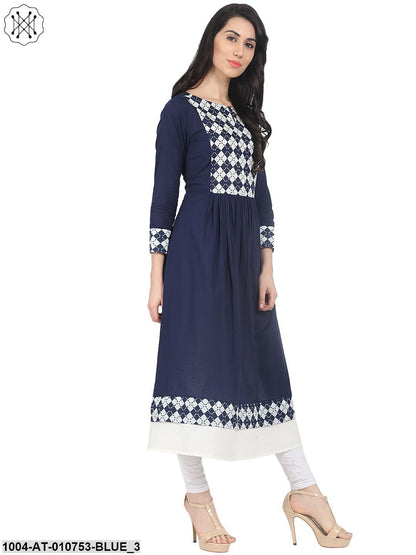 Blue Printed 3/4Th Sleeve Cotton Anarkali Kurta