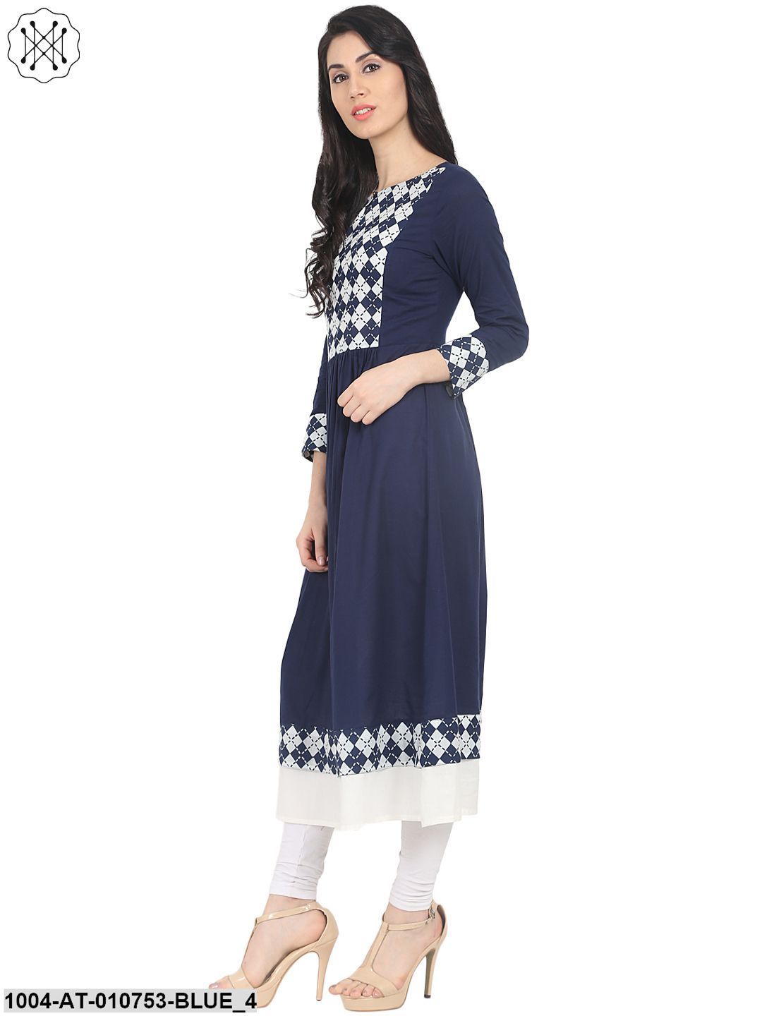 Blue Printed 3/4Th Sleeve Cotton Anarkali Kurta