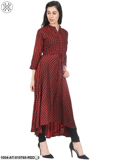 Dark Red Check Printed 3/4Th Sleeve Cotton Anarkali Kurta