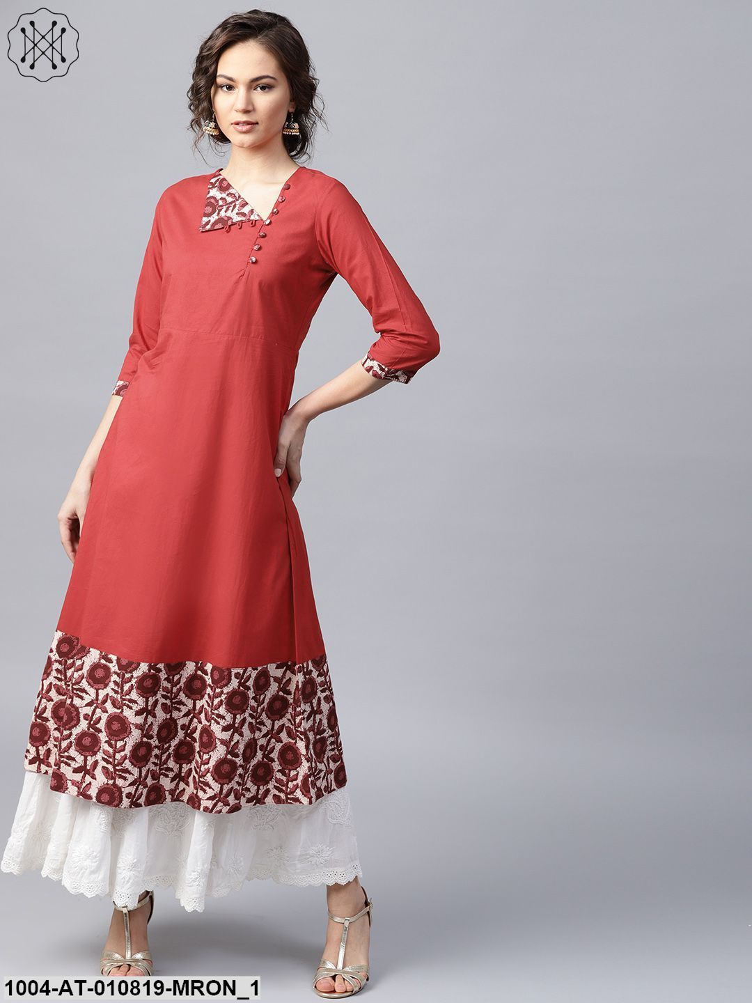 Maroon 3/4 Sleeve Cotton A-Line Kurta