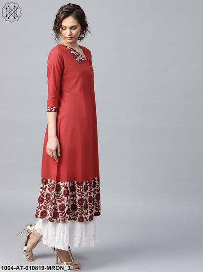 Maroon 3/4 Sleeve Cotton A-Line Kurta