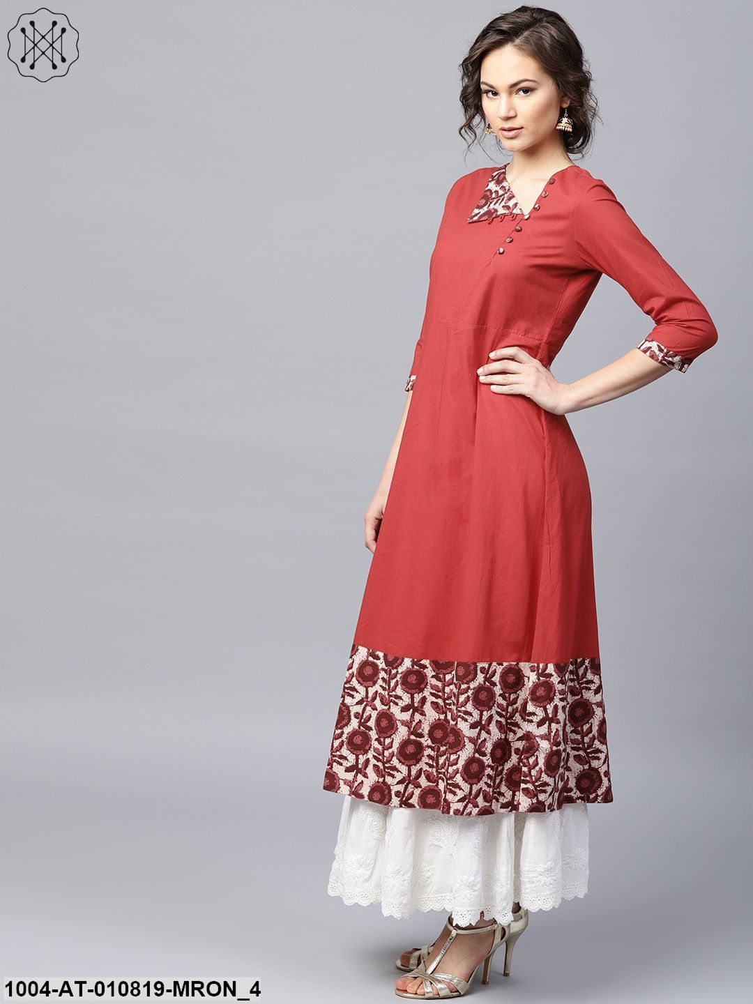 Maroon 3/4 Sleeve Cotton A-Line Kurta