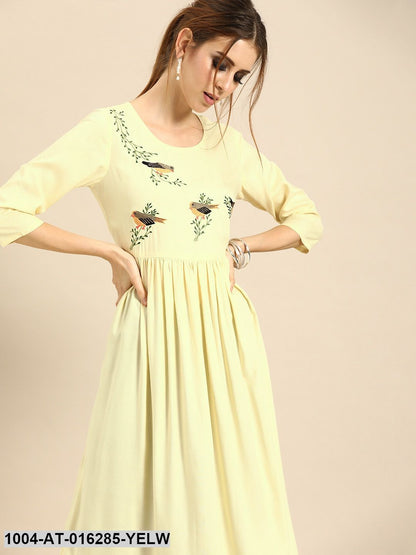 Yellow Three-Quarter Sleeves A-Line Solid Solid Viscose Rayon Embroided Kurta