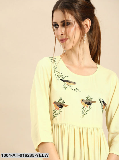 Yellow Three-Quarter Sleeves A-Line Solid Solid Viscose Rayon Embroided Kurta