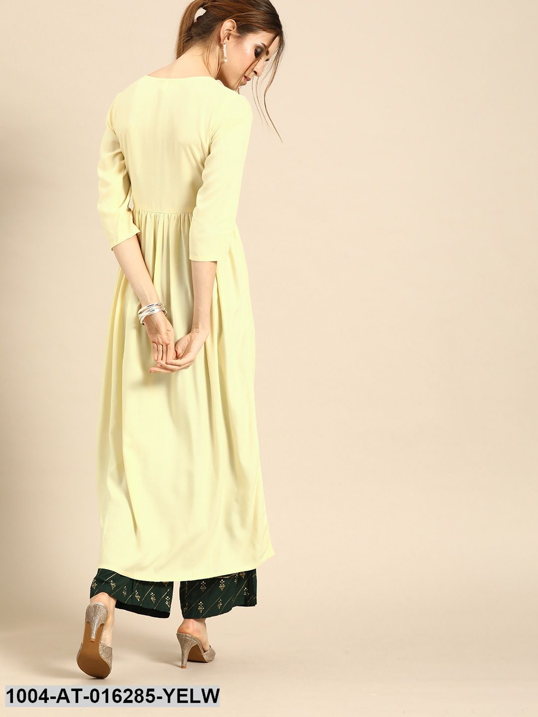 Yellow Three-Quarter Sleeves A-Line Solid Solid Viscose Rayon Embroided Kurta