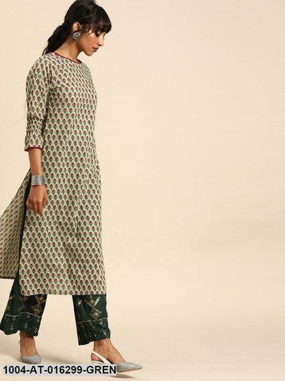 Green Three-Quarter Sleeves Straight Floral Printed Cotton Kurta