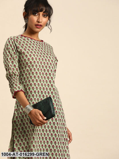 Green Three-Quarter Sleeves Straight Floral Printed Cotton Kurta