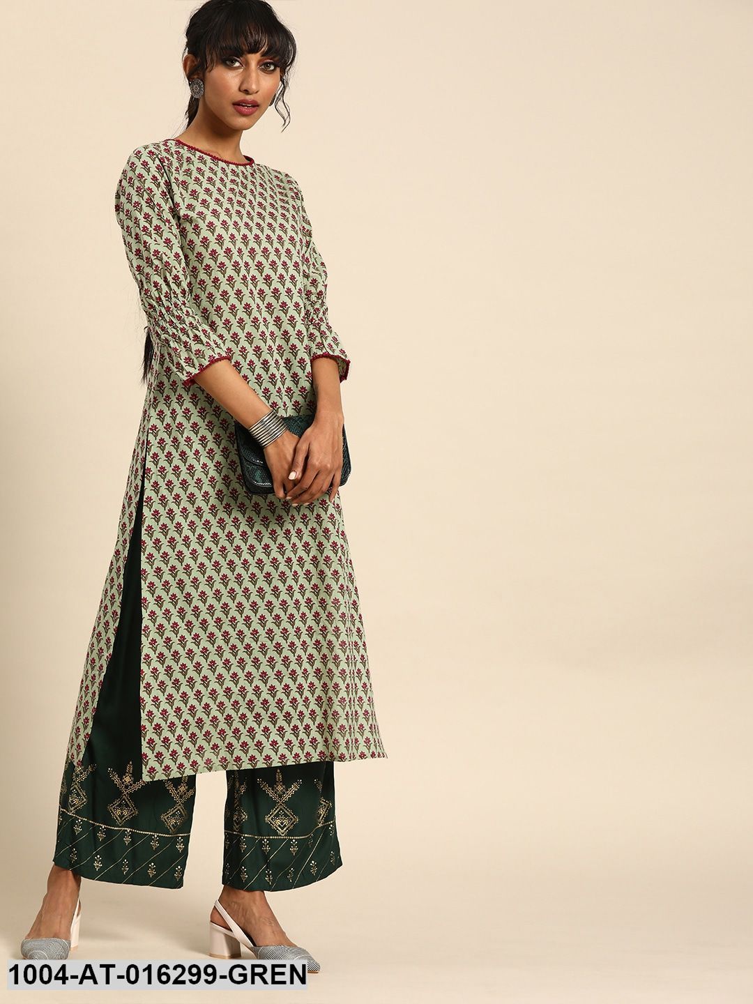 Green Three-Quarter Sleeves Straight Floral Printed Cotton Kurta